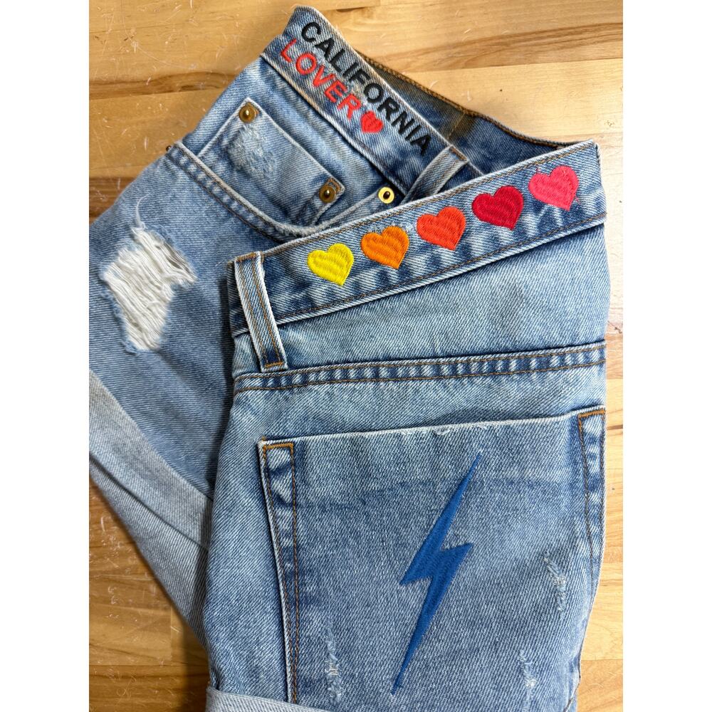 Aviator Nation Jean Shorts Embroidered Bolt Rainbow Hearts Cuffed Hem Size 27